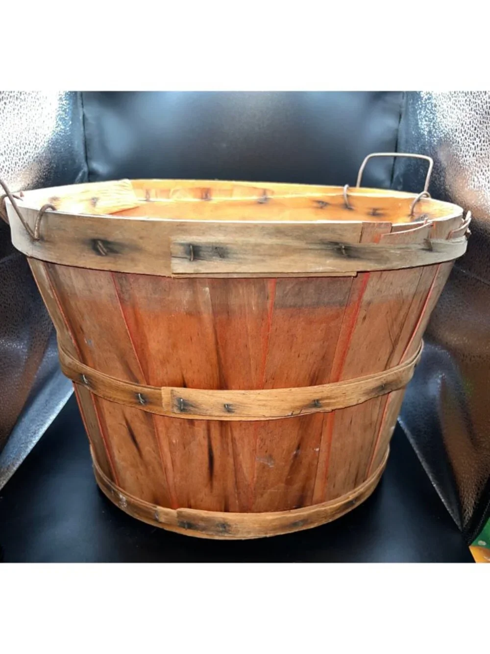Vintage Wooden Bushel Basket Metal Handles Primitive Slat construction Country